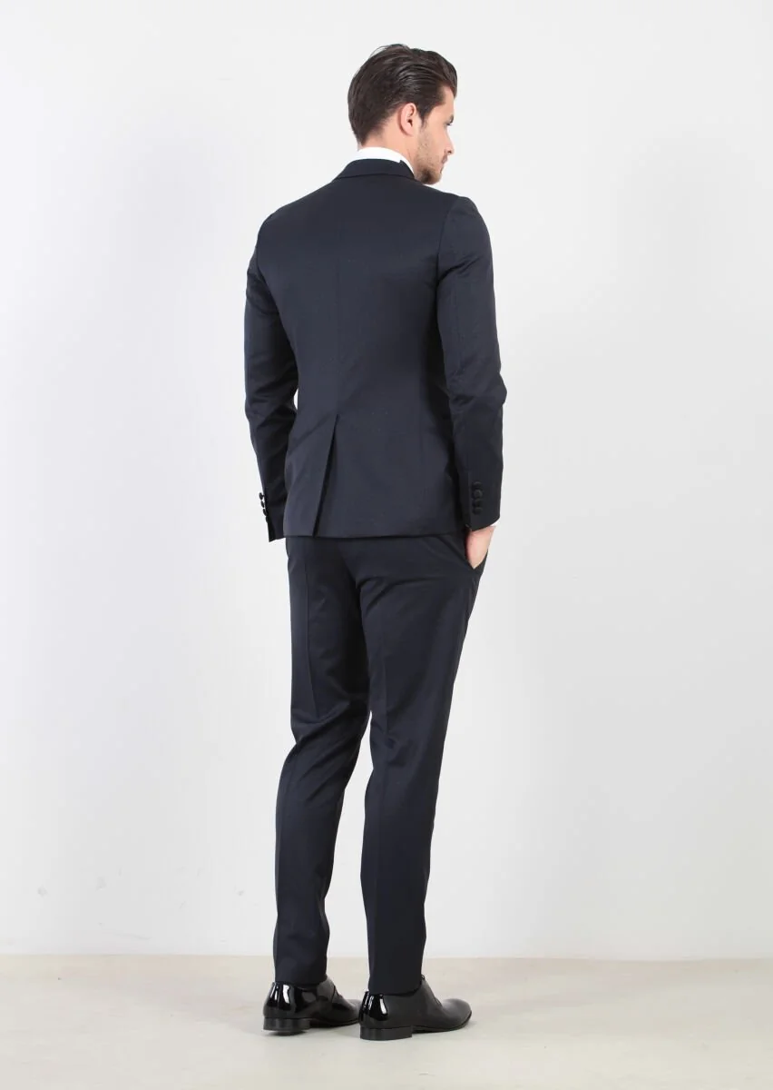 Koyu Lacivert Desenli Fashion Slim Fit Kruvaze Yaka Dokuma Smokin Takım Elbise - 4