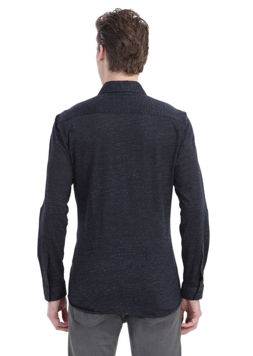 Koyu Lacivert Desenli Regular Fit Uzun Casual %100 Pamuk Gömlek - 5