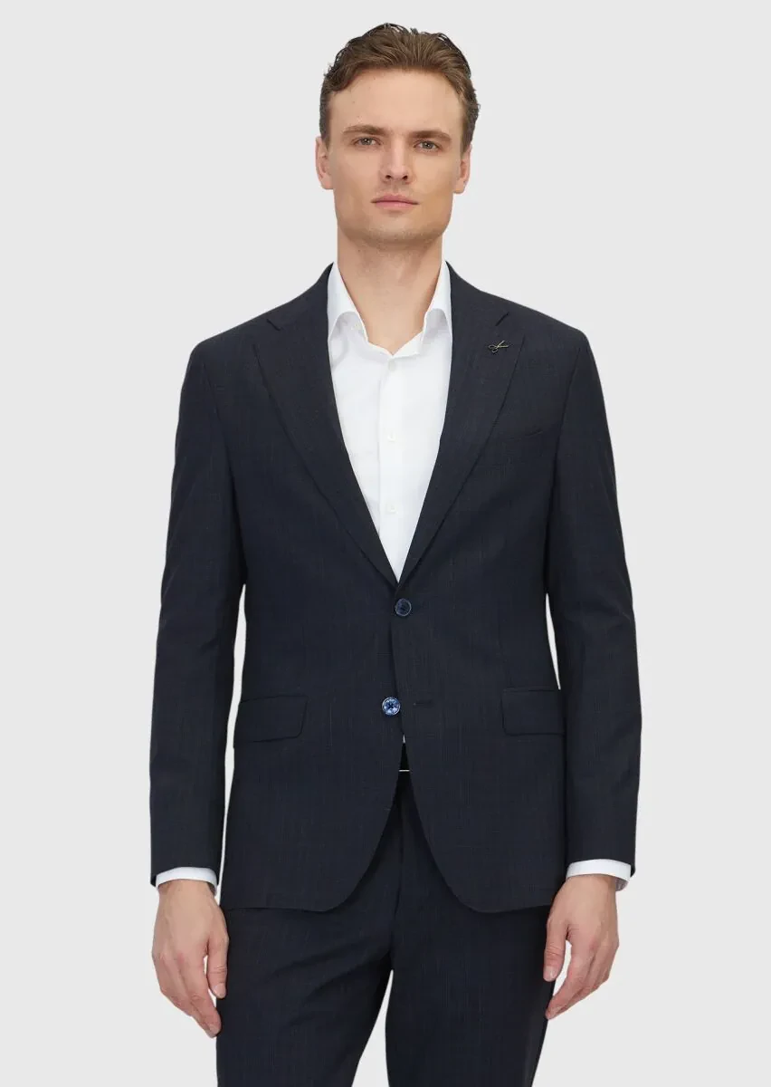 Koyu Lacivert Desenli Zeroweight Slim Fit %100 Yün Takım Elbise - 1