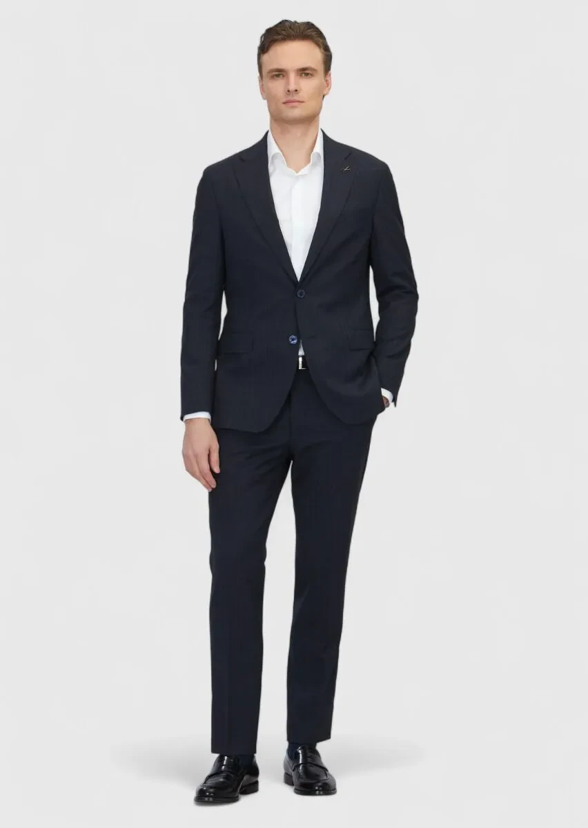 Koyu Lacivert Desenli Zeroweight Slim Fit %100 Yün Takım Elbise - 2