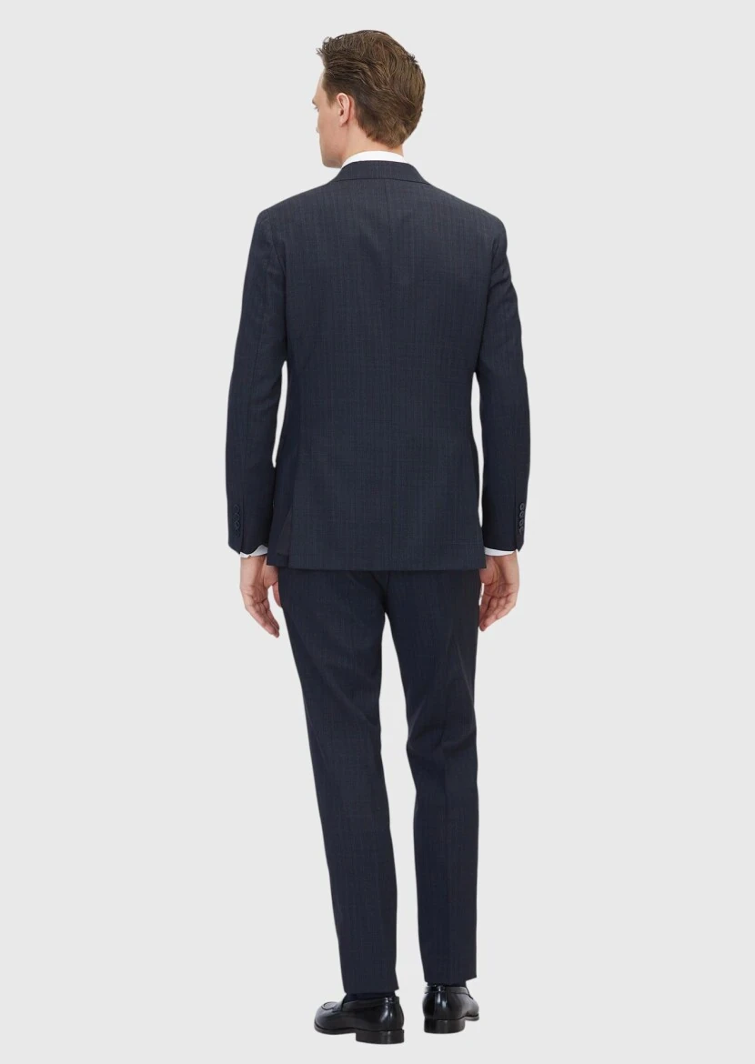 Koyu Lacivert Desenli Zeroweight Slim Fit %100 Yün Takım Elbise - 6