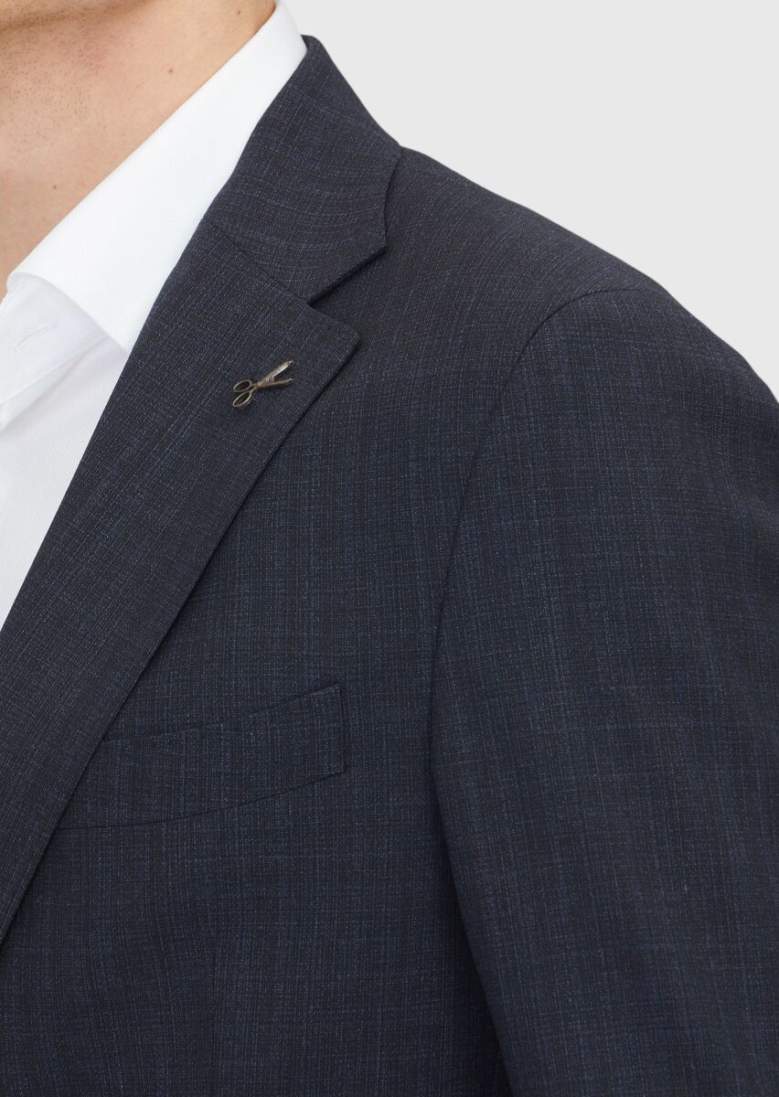 Koyu Lacivert Desenli Zeroweight Slim Fit %100 Yün Takım Elbise - 4