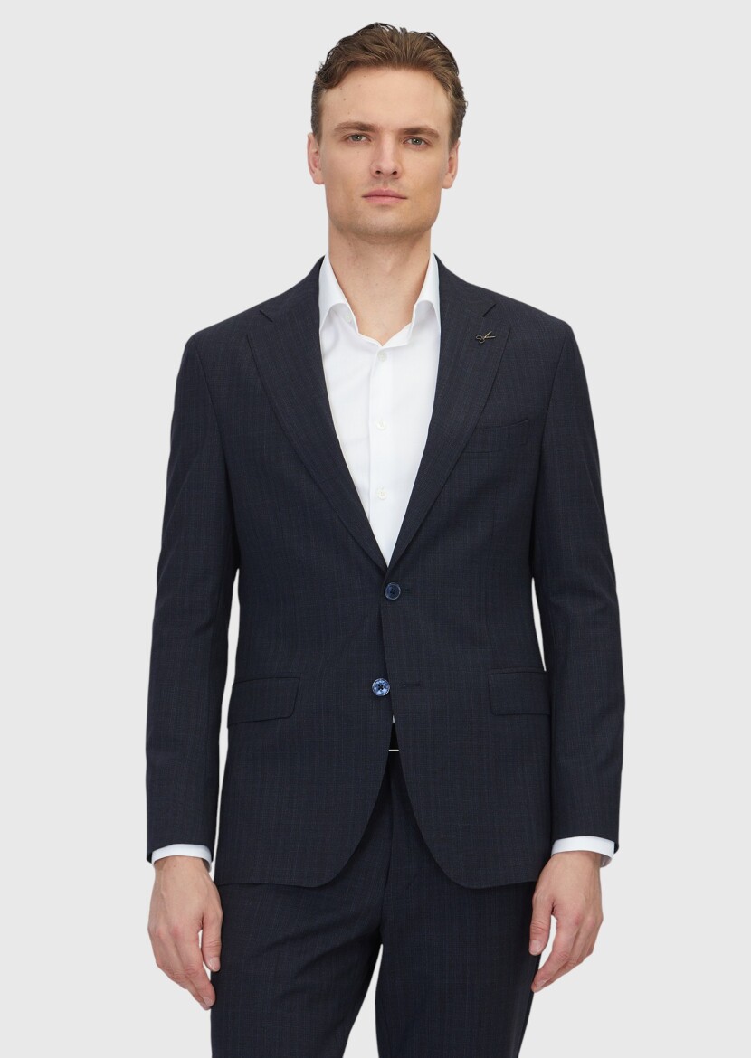 Koyu Lacivert Desenli Zeroweight Slim Fit %100 Yün Takım Elbise - RAMSEY
