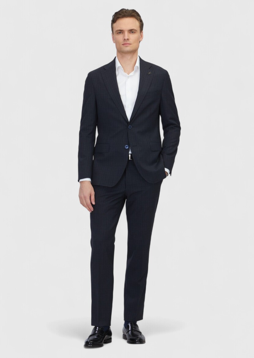 Koyu Lacivert Desenli Zeroweight Slim Fit %100 Yün Takım Elbise - RAMSEY