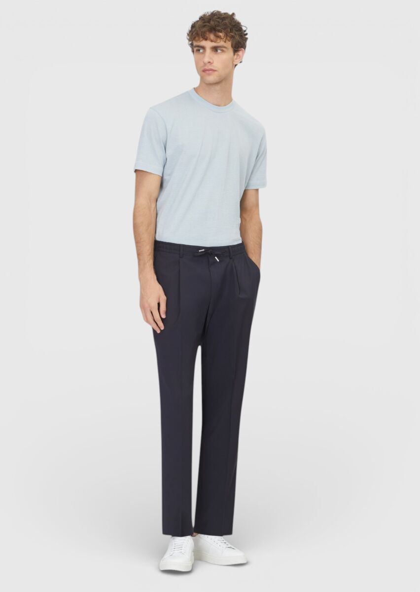 Koyu Lacivert Düz Dokuma Jogging Fit Casual Yün Karışımlı Pantolon - 1