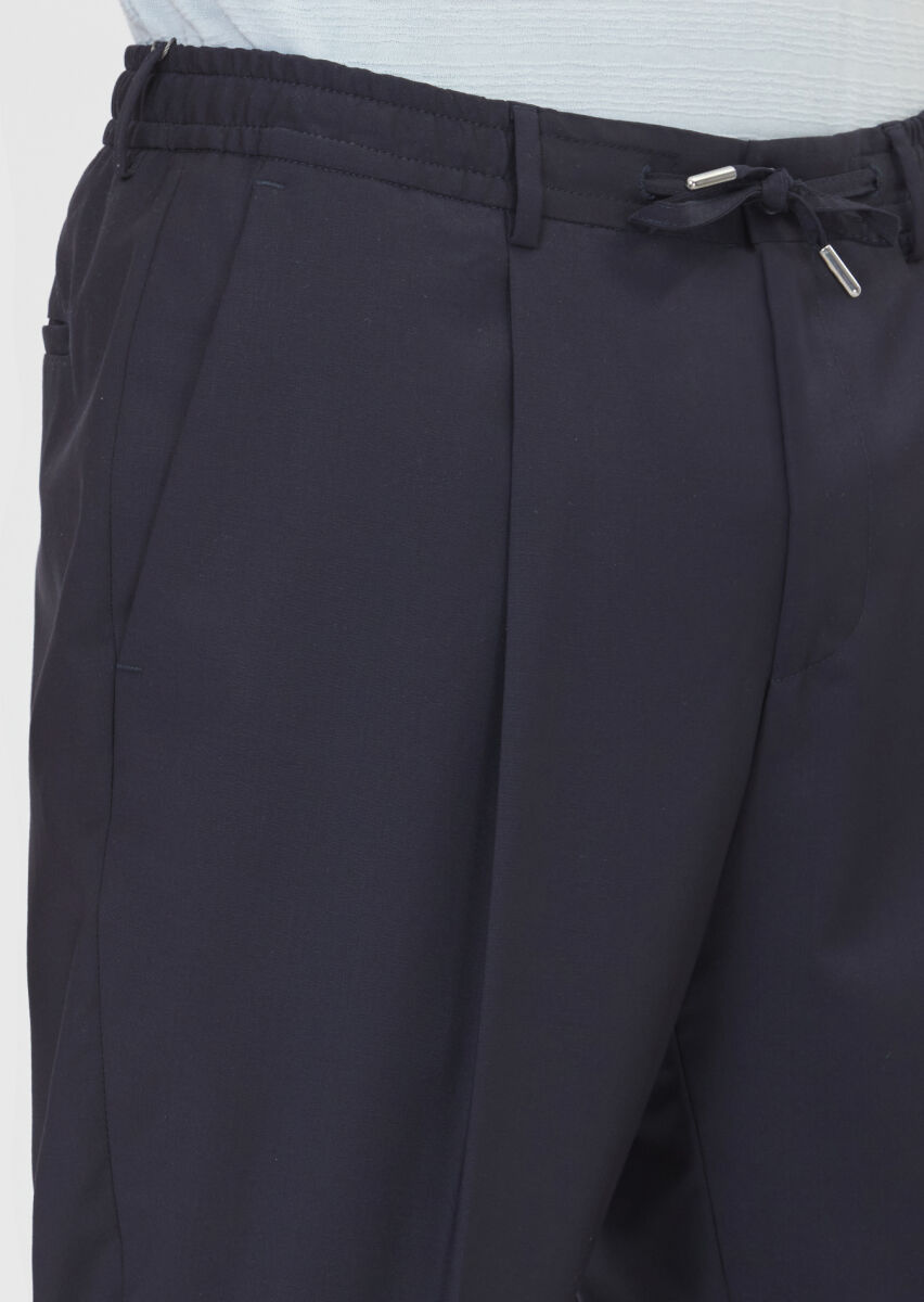 Koyu Lacivert Düz Dokuma Jogging Fit Casual Yün Karışımlı Pantolon - 3