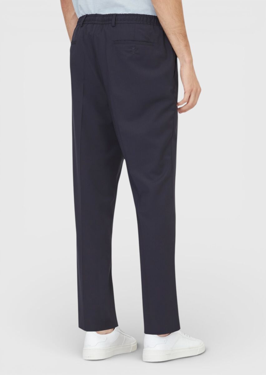 Koyu Lacivert Düz Dokuma Jogging Fit Casual Yün Karışımlı Pantolon - 4