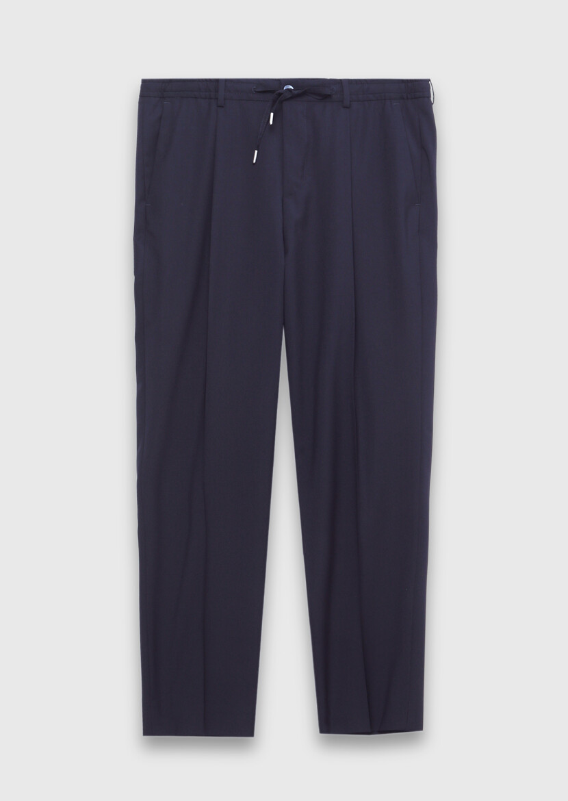 Koyu Lacivert Düz Dokuma Jogging Fit Casual Yün Karışımlı Pantolon 