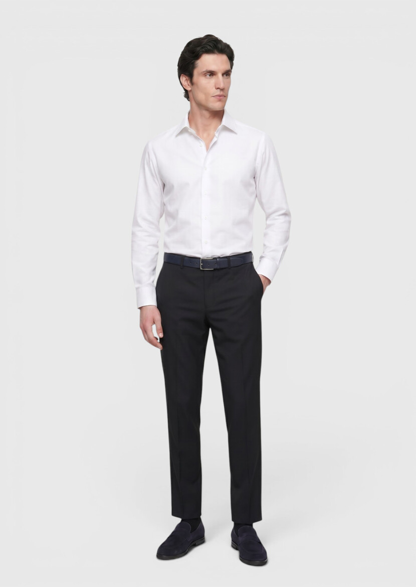 Koyu Lacivert Düz Dokuma Regular Fit Klasik %100 Yün Pantolon - 4