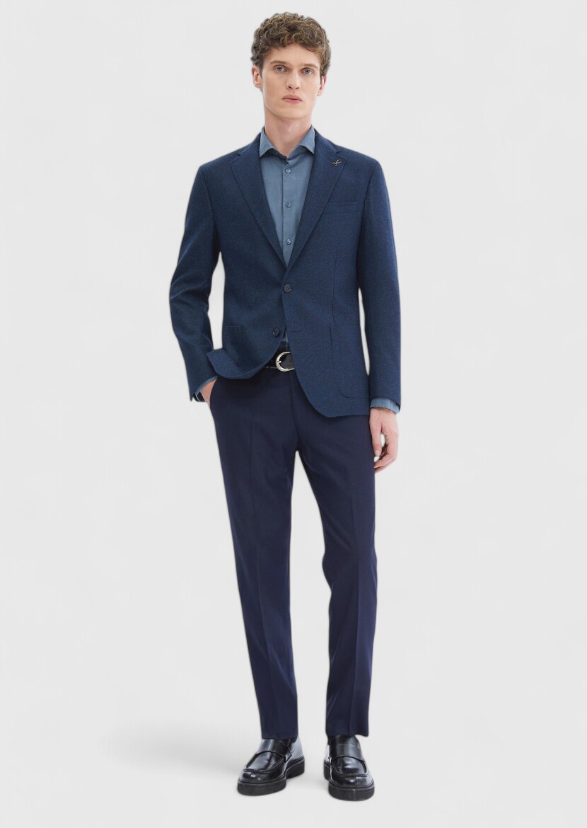 Koyu Lacivert Düz Shirt Shoulder Slim Fit %100 Yün Ceket - RAMSEY