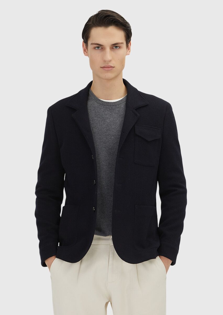 Koyu Lacivert Düz Shirt Shoulder Slim Fit Yün Karışımlı Örme Ceket - 4