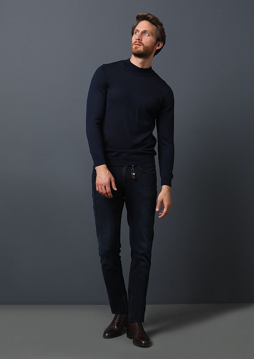 Koyu Lacivert Düz Slim Fit Denim Pamuk Karışımlı Pantolon - 2
