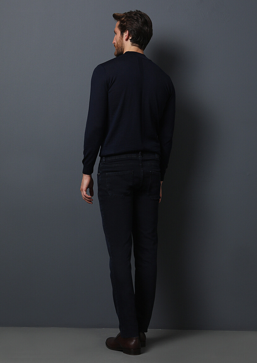 Koyu Lacivert Düz Slim Fit Denim Pamuk Karışımlı Pantolon - 5