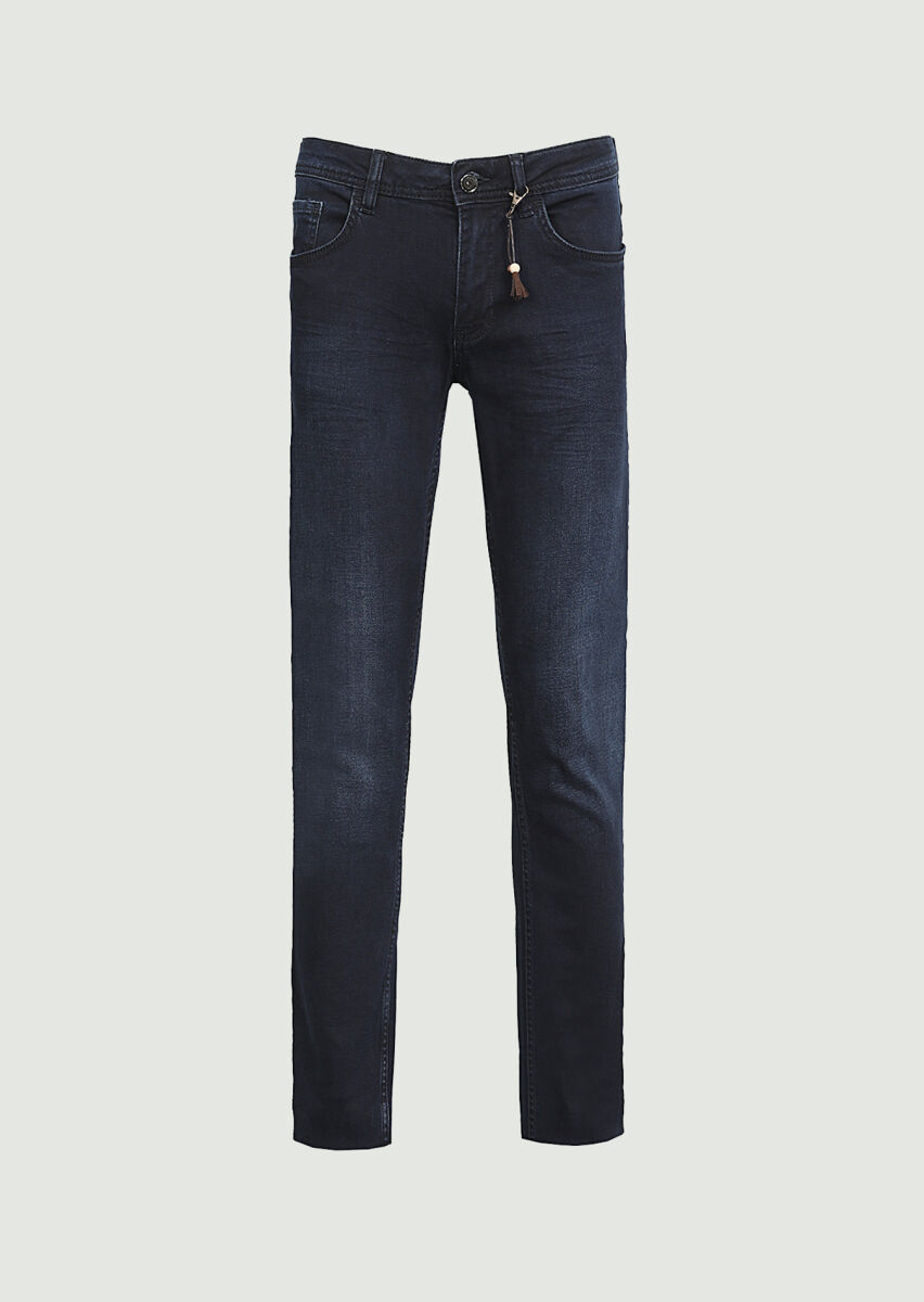 Koyu Lacivert Düz Slim Fit Denim Pamuk Karışımlı Pantolon - 6