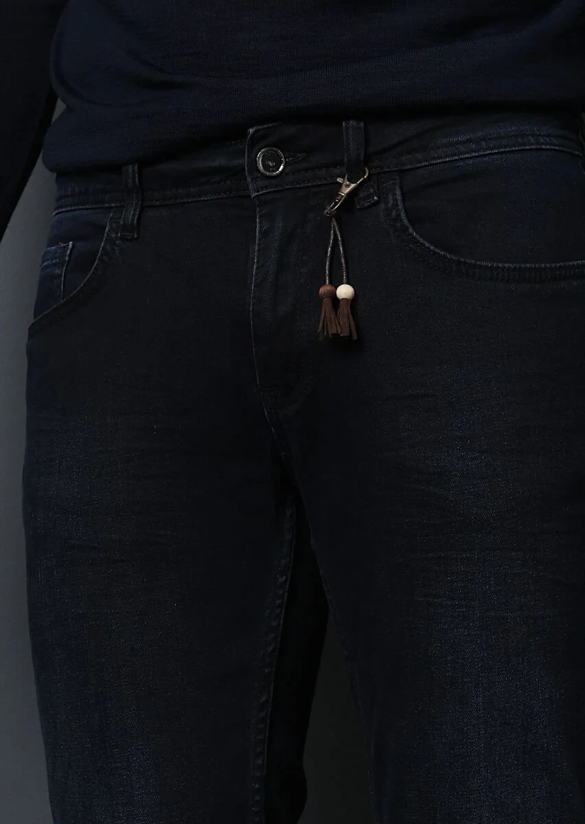 Koyu Lacivert Düz Slim Fit Denim Pamuk Karışımlı Pantolon - 3