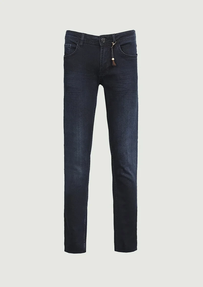 Koyu Lacivert Düz Slim Fit Denim Pamuk Karışımlı Pantolon - 6