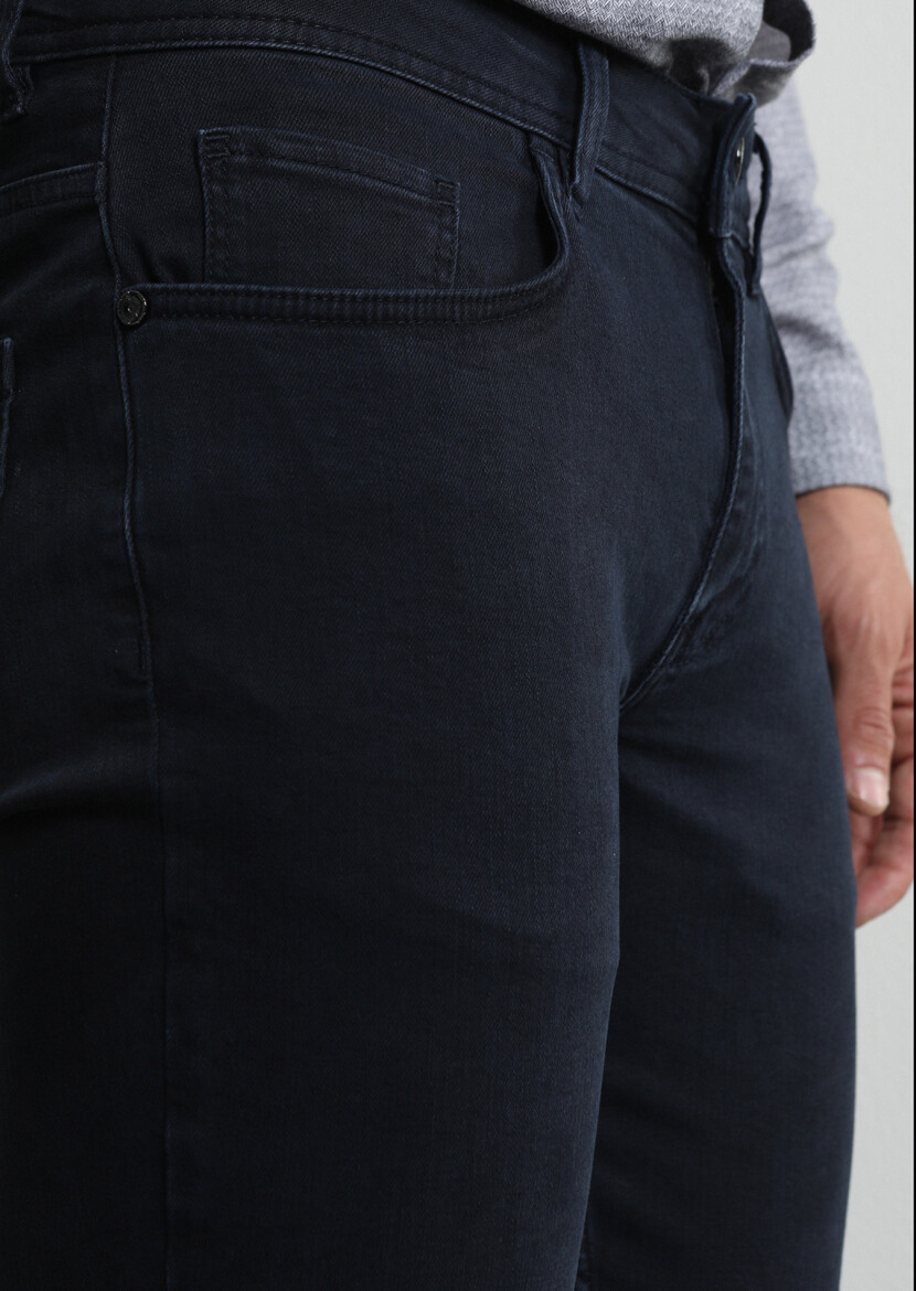 Koyu Lacivert Düz Slim Fit Denim Pamuk Karışımlı Pantolon - 3