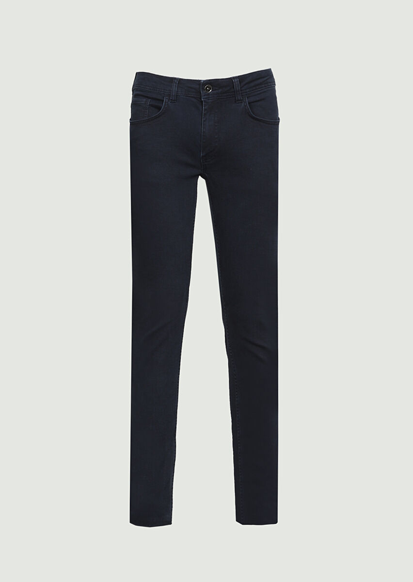 Koyu Lacivert Düz Slim Fit Denim Pamuk Karışımlı Pantolon - 6