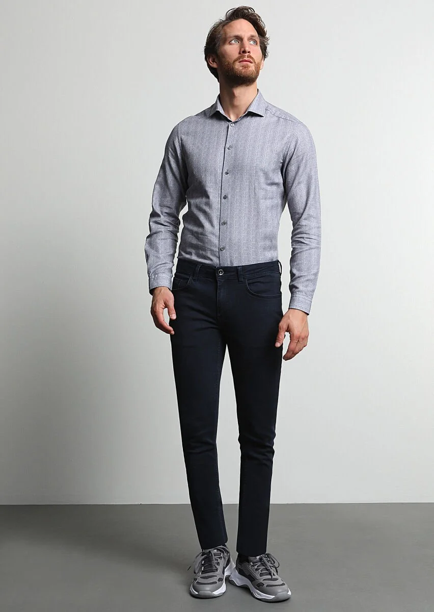 Koyu Lacivert Düz Slim Fit Denim Pamuk Karışımlı Pantolon - 4