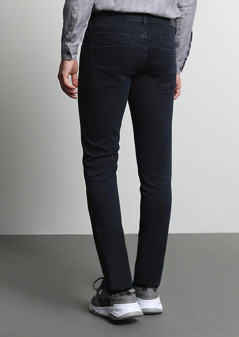 Koyu Lacivert Düz Slim Fit Denim Pamuk Karışımlı Pantolon - 5