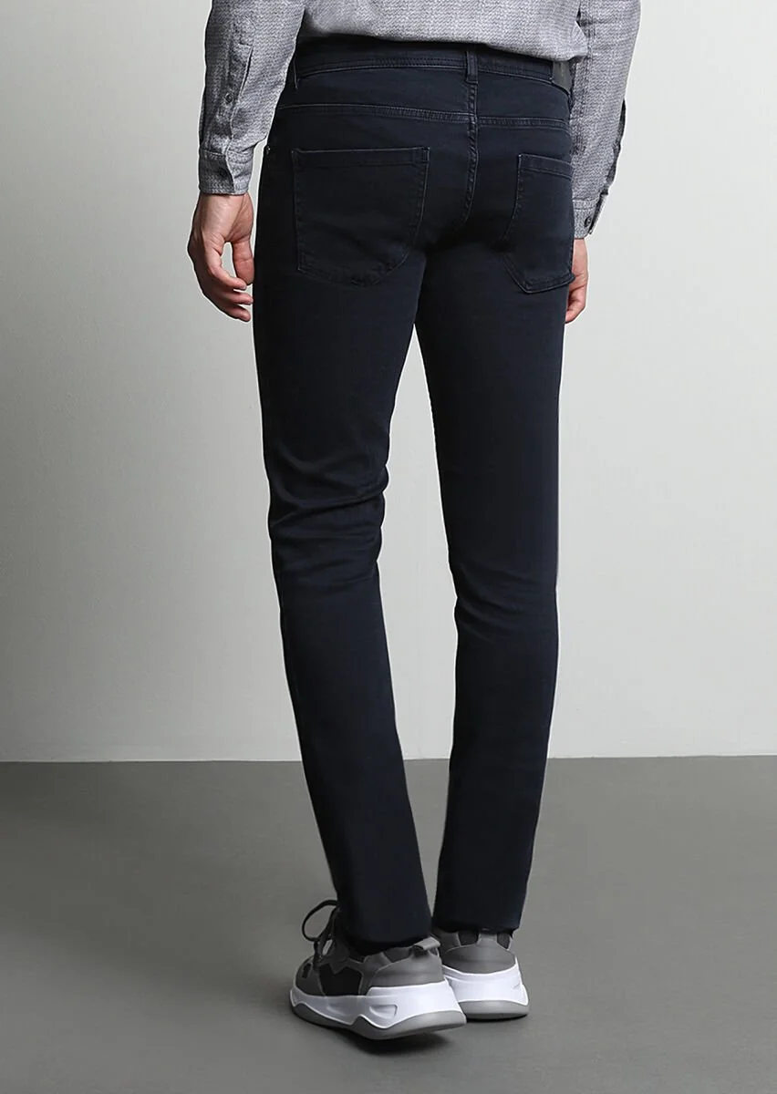 Koyu Lacivert Düz Slim Fit Denim Pamuk Karışımlı Pantolon - 5