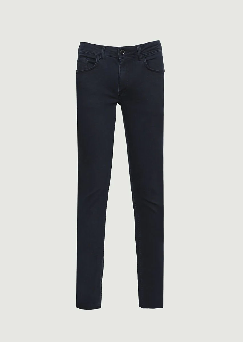 Koyu Lacivert Düz Slim Fit Denim Pamuk Karışımlı Pantolon - 6