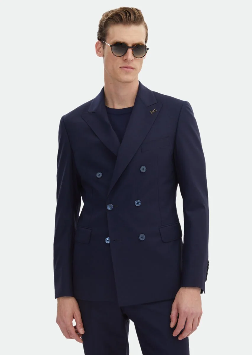 Koyu Lacivert Düz Zeroweight Slim Fit %100 Yün Takım Elbise - 1