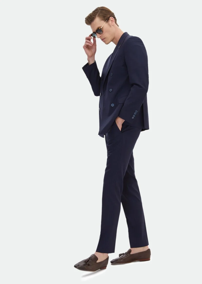 Koyu Lacivert Düz Zeroweight Slim Fit %100 Yün Takım Elbise - 2