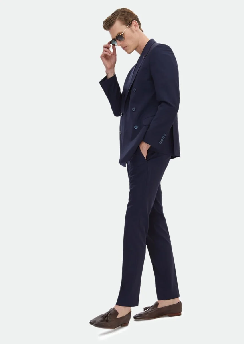 Koyu Lacivert Düz Zeroweight Slim Fit %100 Yün Takım Elbise - 2
