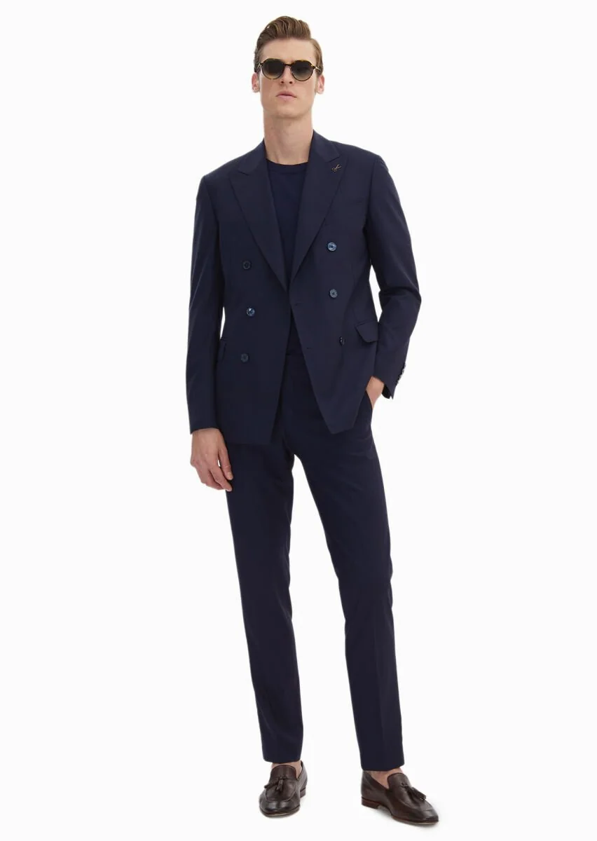 Koyu Lacivert Düz Zeroweight Slim Fit %100 Yün Takım Elbise - 3