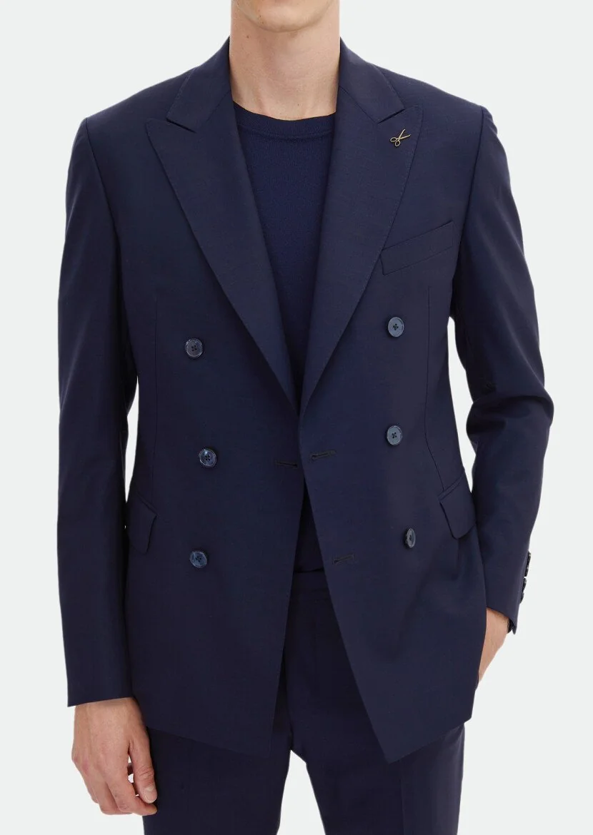 Koyu Lacivert Düz Zeroweight Slim Fit %100 Yün Takım Elbise - 4