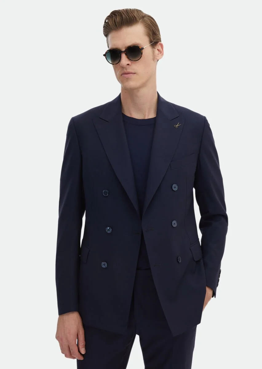 Koyu Lacivert Düz Zeroweight Slim Fit %100 Yün Takım Elbise - 5