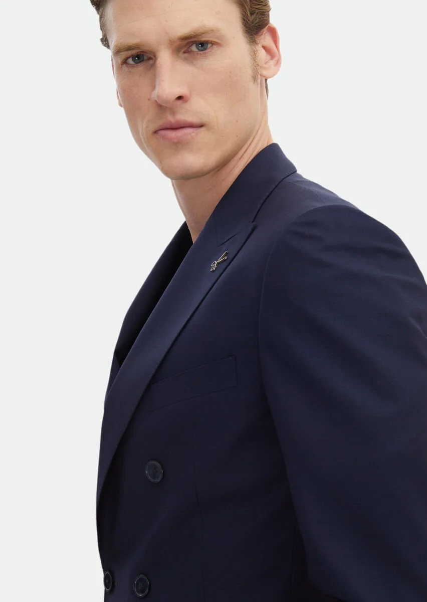 Koyu Lacivert Düz Zeroweight Slim Fit %100 Yün Takım Elbise - 6