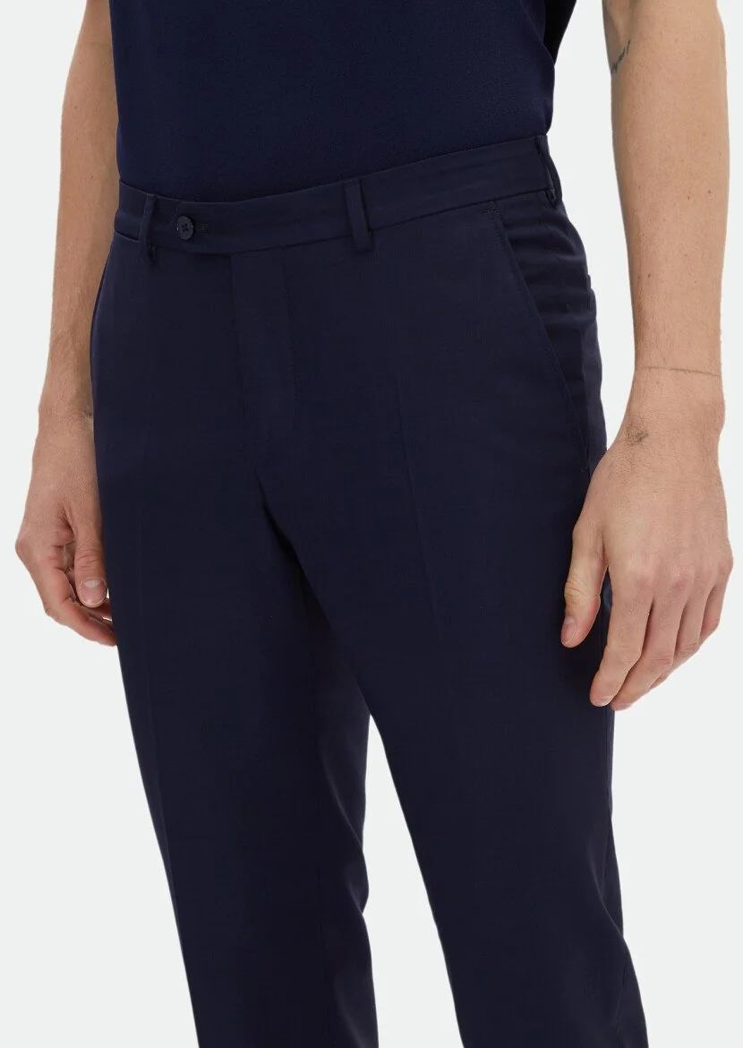 Koyu Lacivert Düz Zeroweight Slim Fit %100 Yün Takım Elbise - 8
