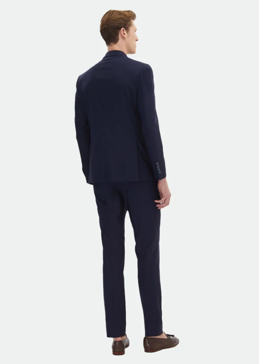 Koyu Lacivert Düz Zeroweight Slim Fit %100 Yün Takım Elbise - 10