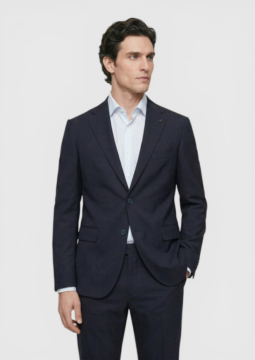 Koyu Lacivert Düz Zeroweight Slim Fit Yün Karışımlı Takım Elbise - 1