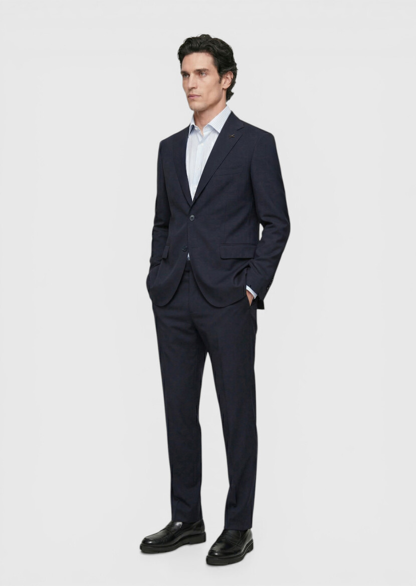 Koyu Lacivert Düz Zeroweight Slim Fit Yün Karışımlı Takım Elbise - RAMSEY