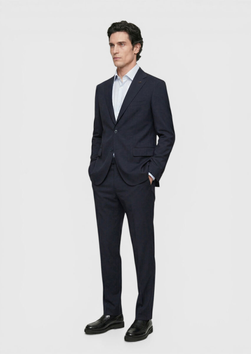 Koyu Lacivert Düz Zeroweight Slim Fit Yün Karışımlı Takım Elbise - 2