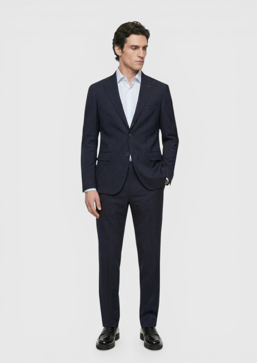 Koyu Lacivert Düz Zeroweight Slim Fit Yün Karışımlı Takım Elbise - 3