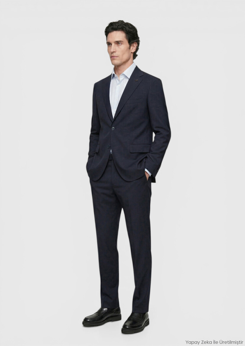 Koyu Lacivert Düz Zeroweight Slim Fit Yün Karışımlı Takım Elbise - RAMSEY