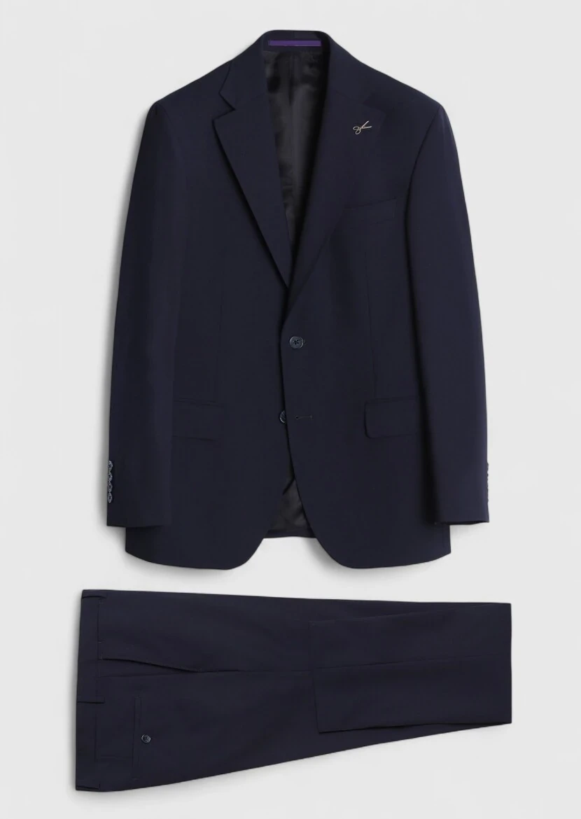 Koyu Lacivert Düz Zeroweight Slim Fit Yün Karışımlı Takım Elbise - RAMSEY