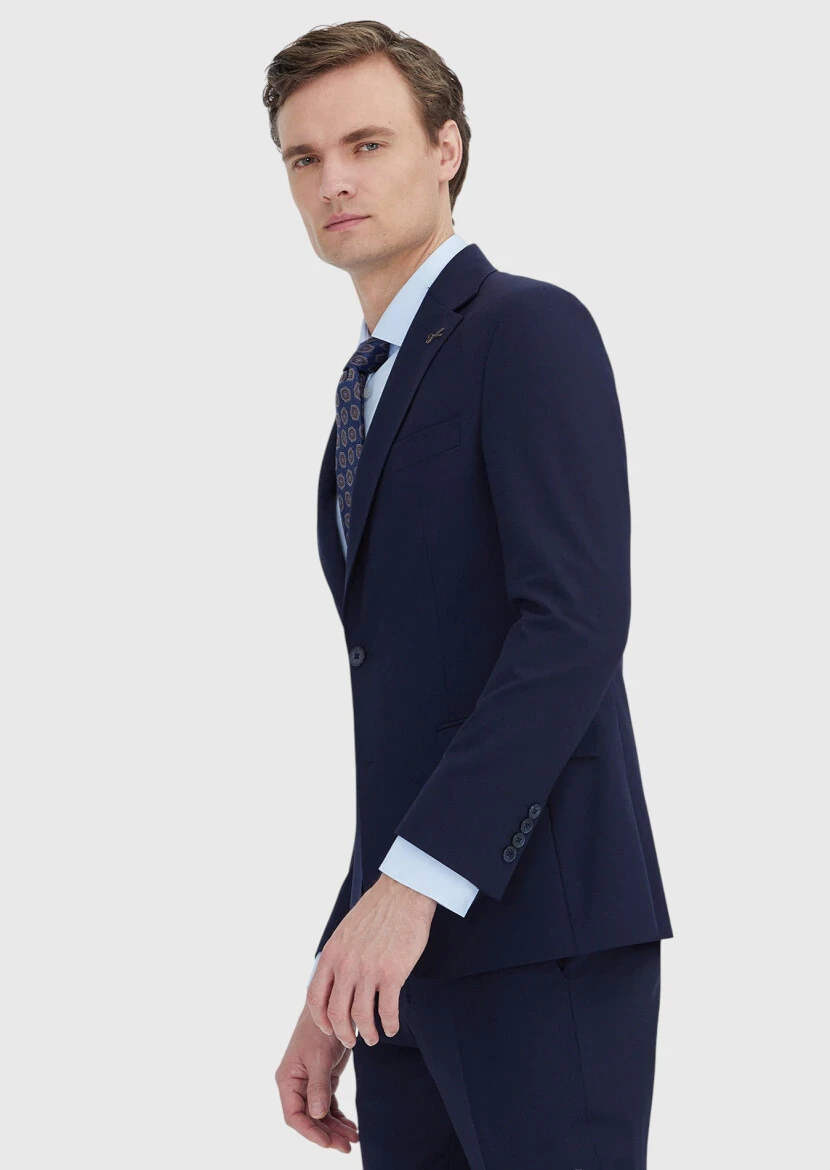 Koyu Lacivert Düz Zeroweight Slim Fit Yün Karışımlı Takım Elbise - 4