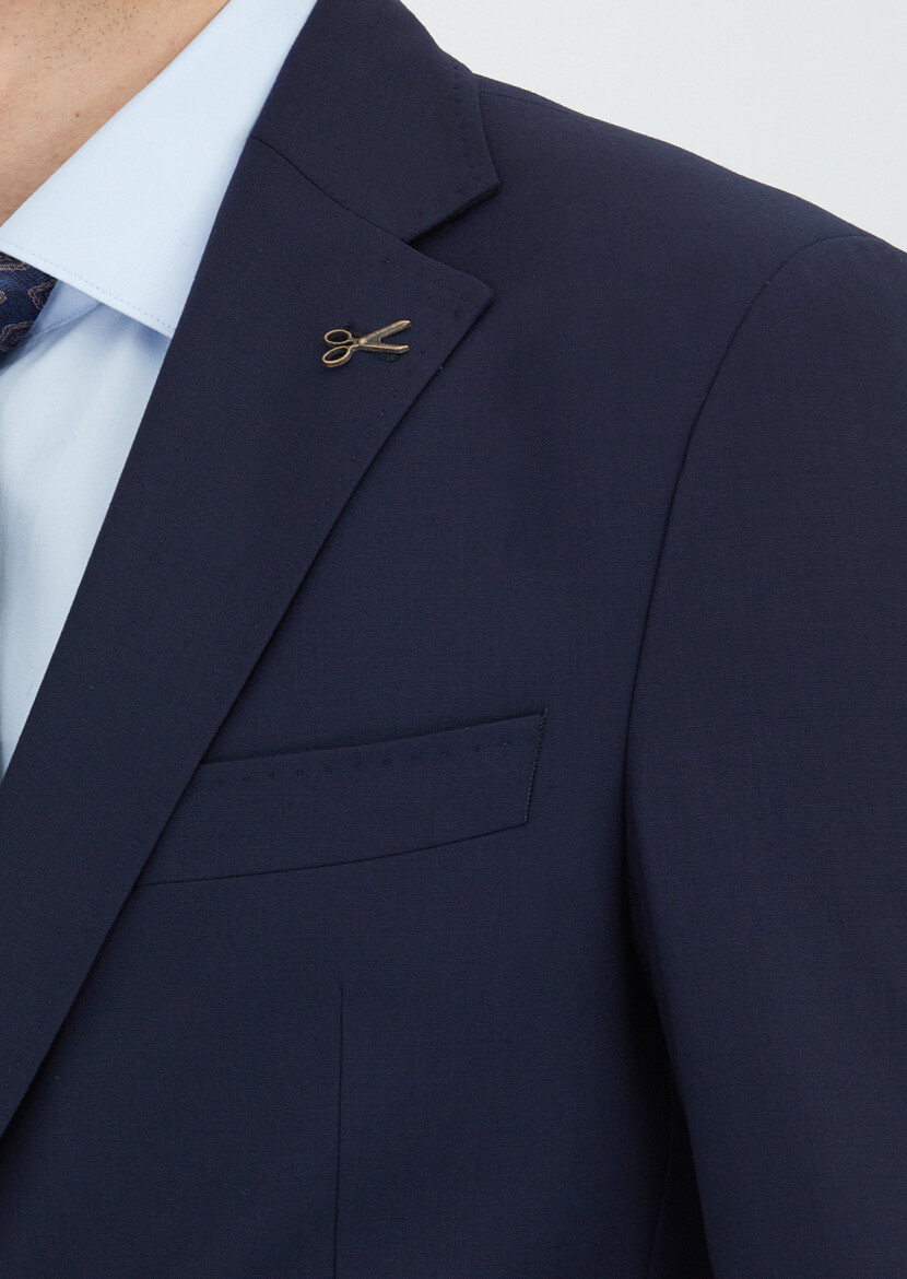 Koyu Lacivert Düz Zeroweight Slim Fit Yün Karışımlı Takım Elbise - 3