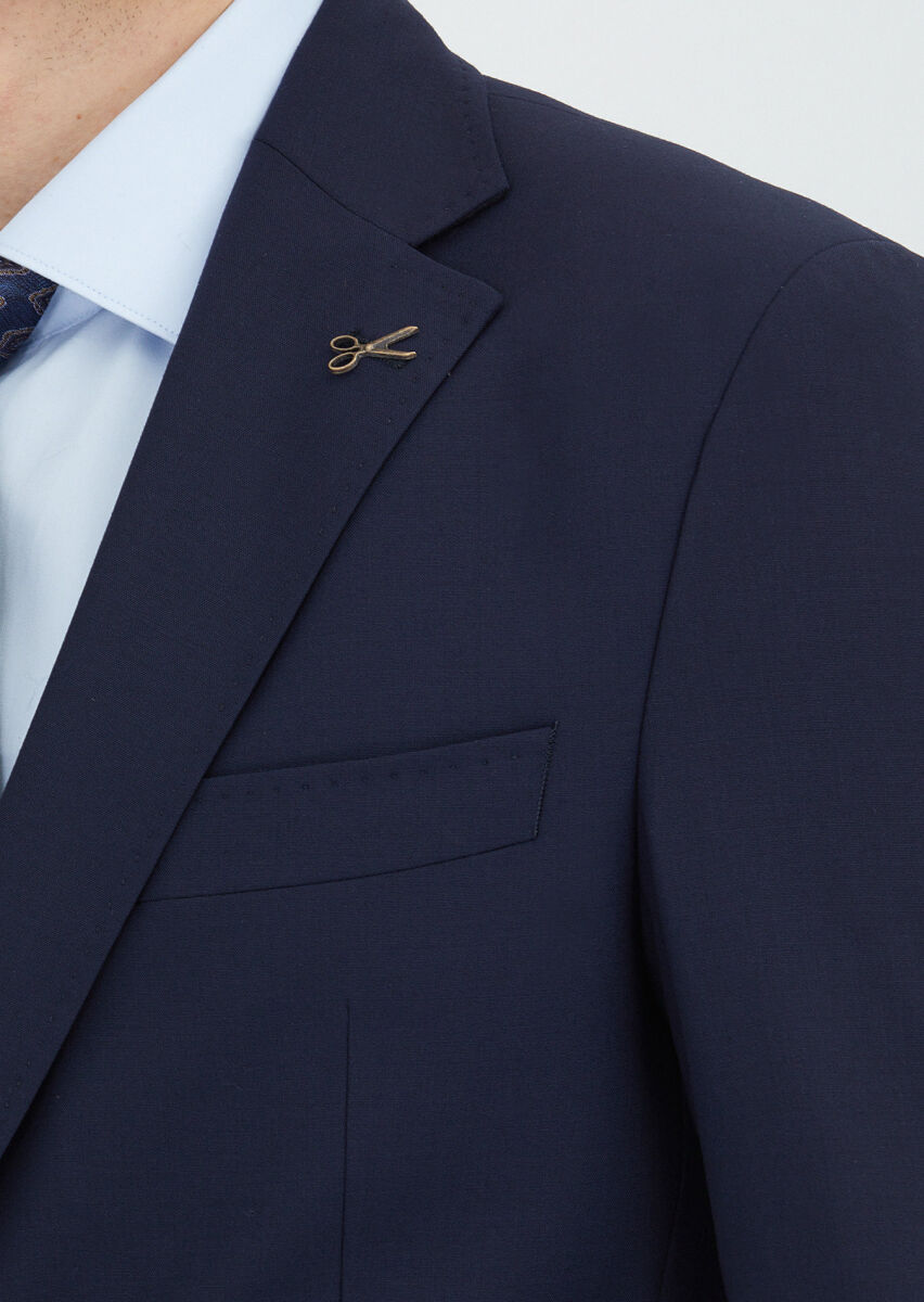 Koyu Lacivert Düz Zeroweight Slim Fit Yün Karışımlı Takım Elbise - 3