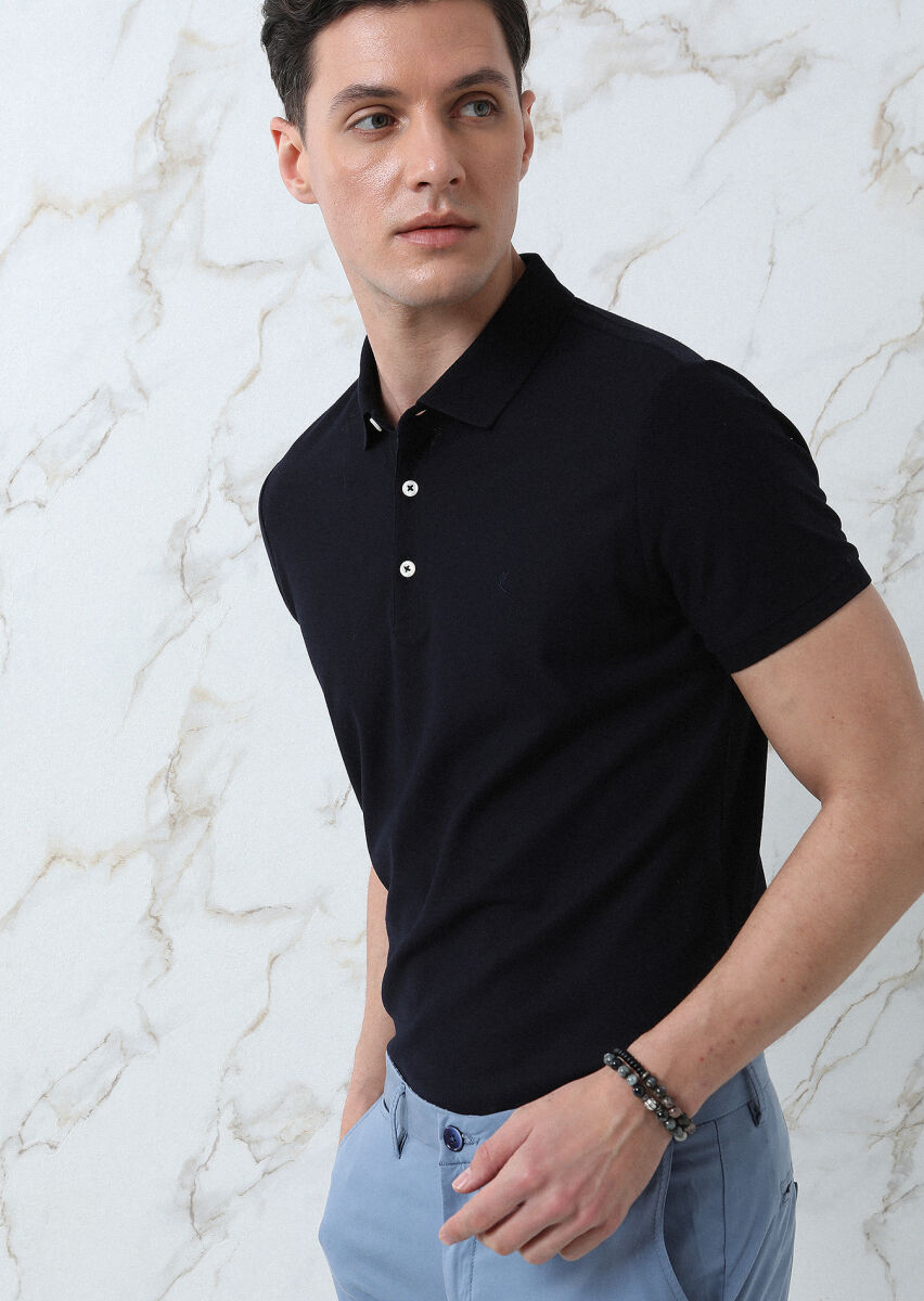 Koyu Lacivert Jakarlı Polo Yaka %100 Pamuk T-Shirt - 4