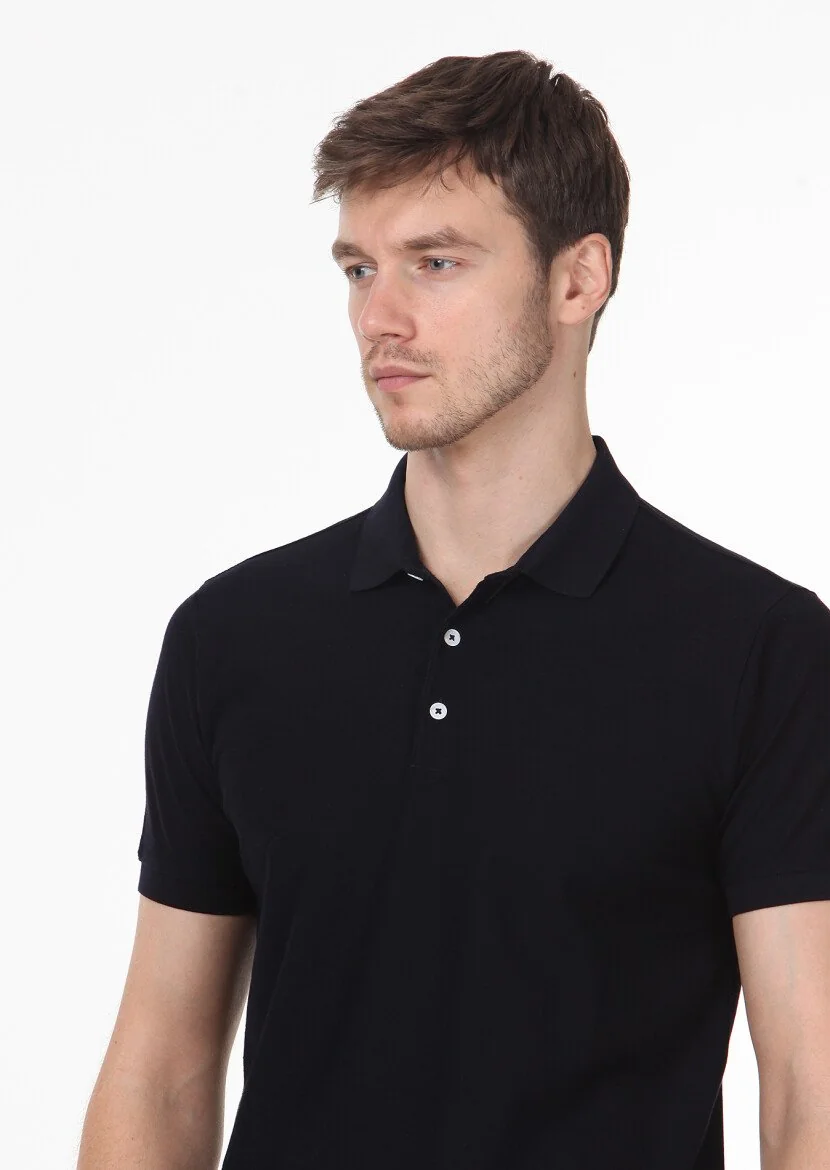 Koyu Lacivert Jakarlı Polo Yaka %100 Pamuk T-Shirt 