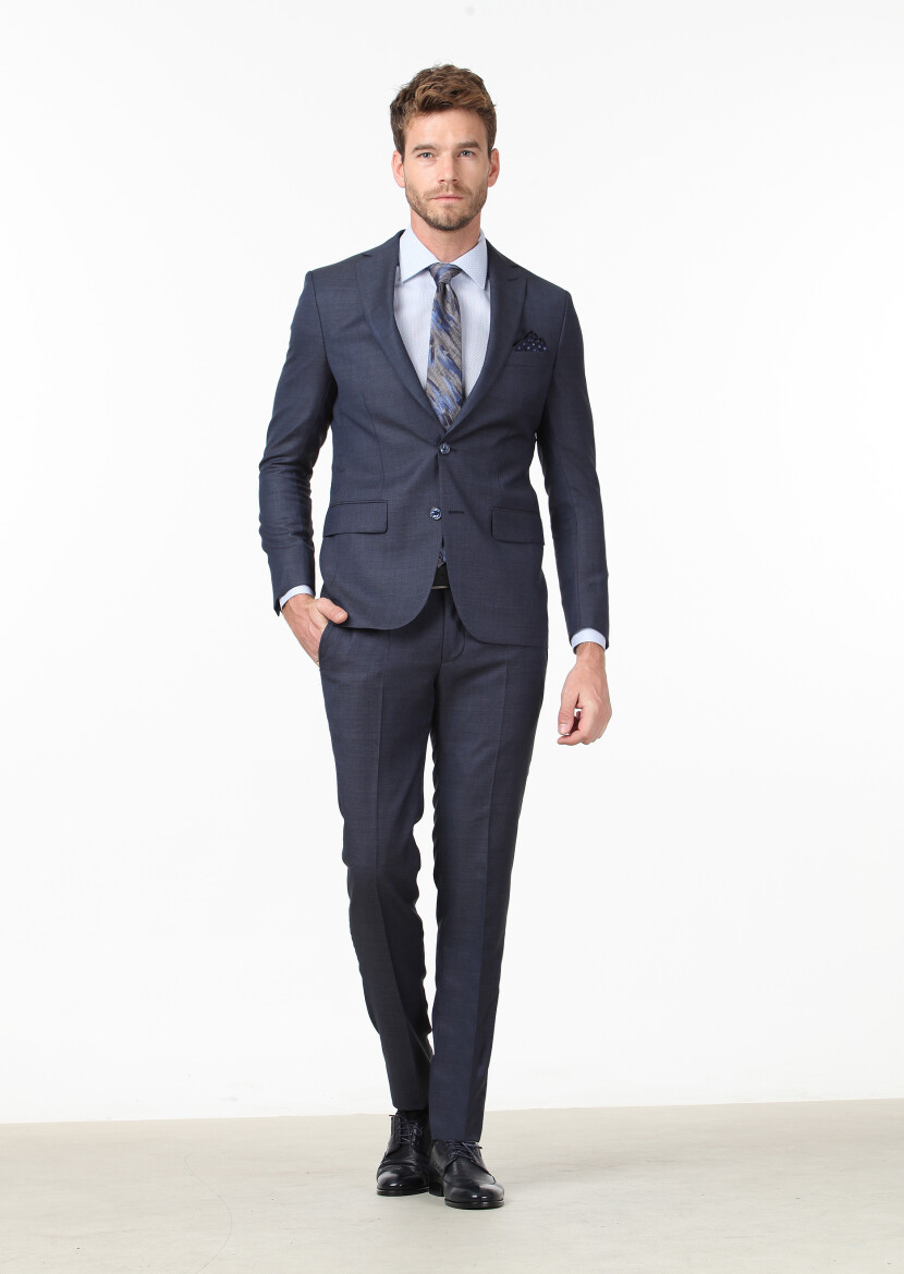 Koyu Lacivert Mikro Modern Fit %100 Yün Takım Elbise - 2