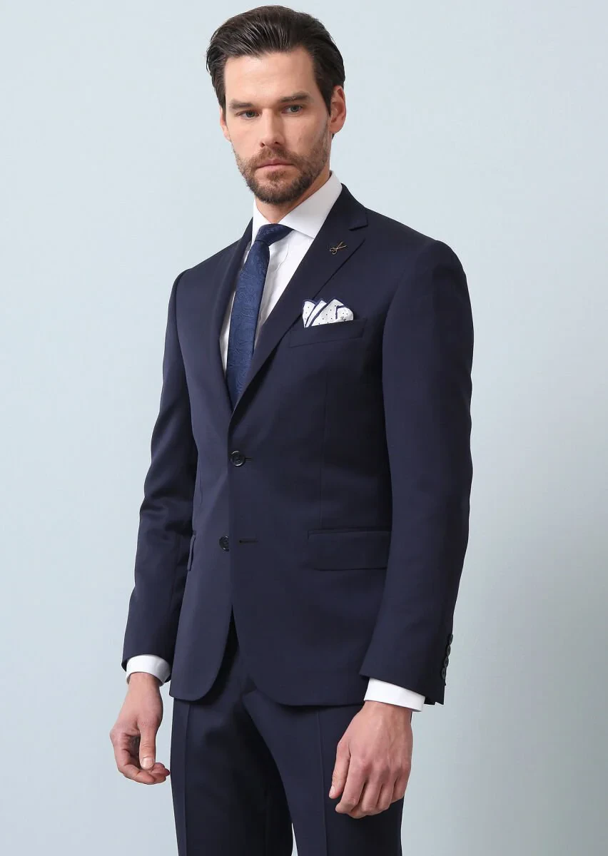 Koyu Lacivert Mikro Zeroweight Slim Fit %100 Yün Takım Elbise - 4