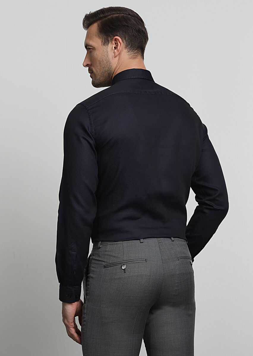 Koyu Lacivert Regular Fit Dokuma Casual %100 Pamuk Gömlek - 4