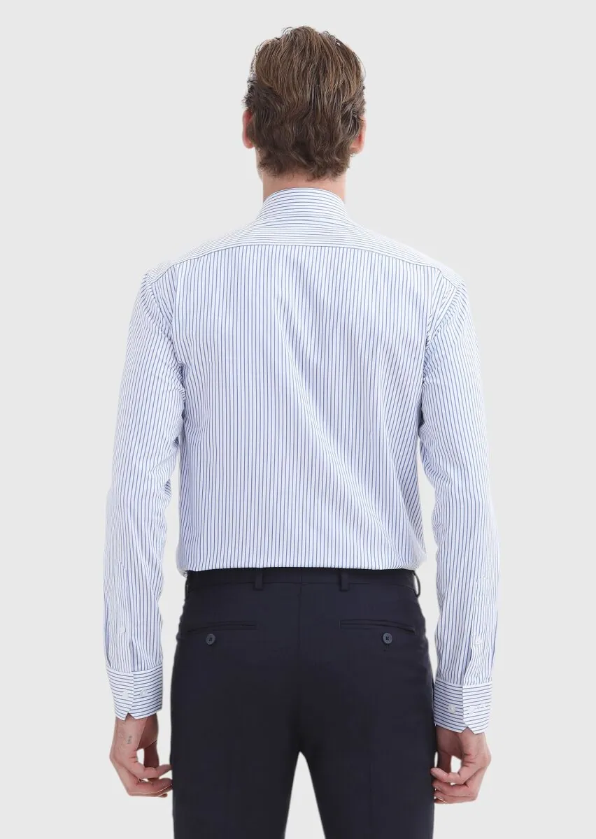 Koyu Mavi Çizgili Regular Fit Dokuma Klasik %100 Pamuk Gömlek - 5
